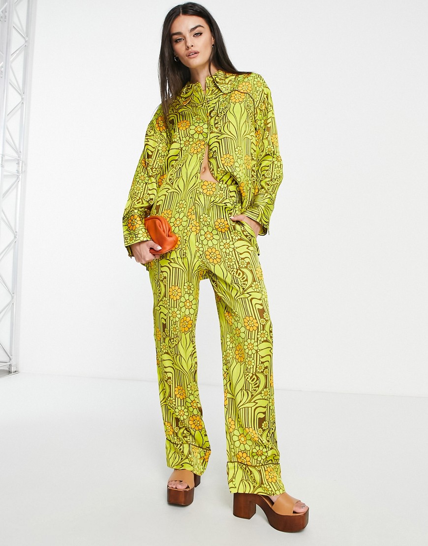 Damson Madder poly satin trouser co-ord in retro yellow floral