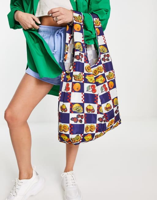 Damson Madder polyester packable shopping tote in vintage fruit print - MULTI
