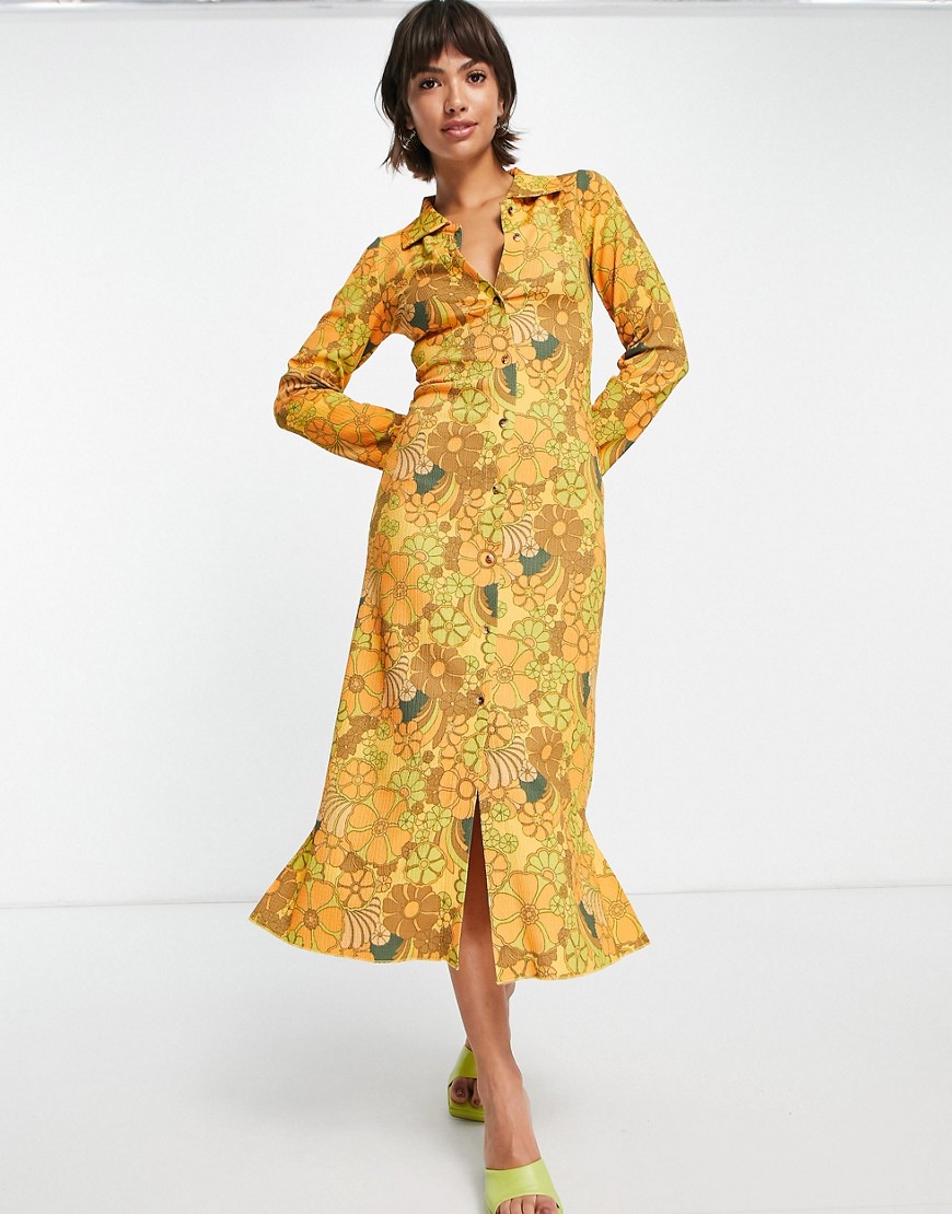 Damson Madder recycled polyester 70s floral button through midi dress in warm yellow