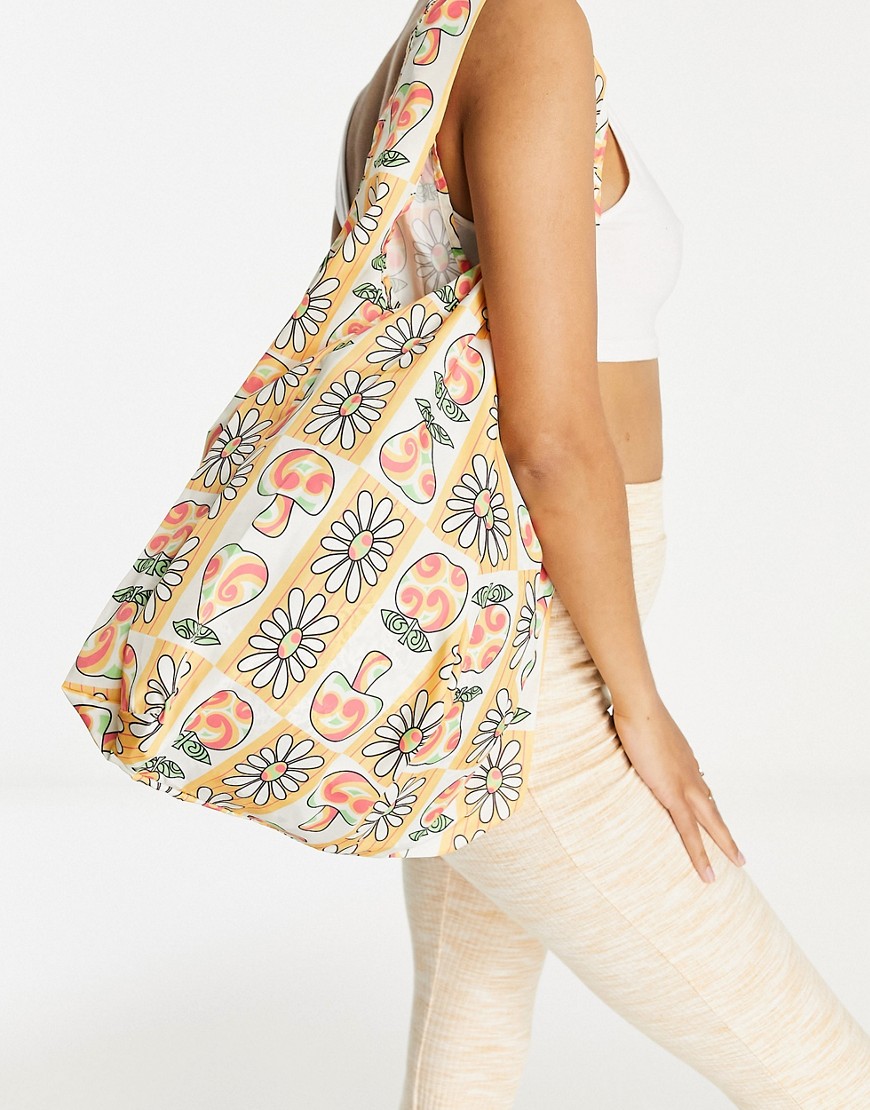 Damson Madder recycled polyester packable shopping tote in vintage floral mushroom print-Multi
