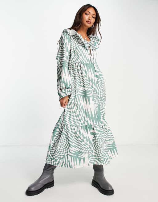 Damson Madder - Robe mi-longue en coton à imprimé damier ondulé - Multicolore