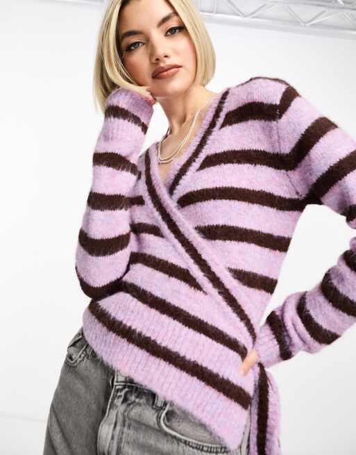Damson Madder rose striped wool blend jumper in lilac and chocolate