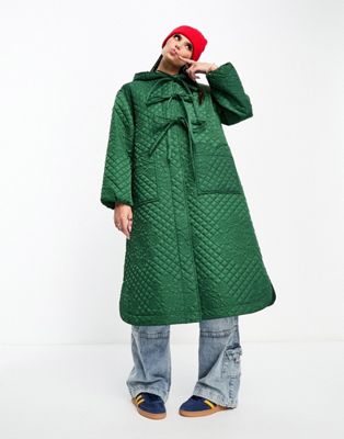 Damson Madder sadie bow detail quilted  satin coat in bottle green  - ASOS Price Checker