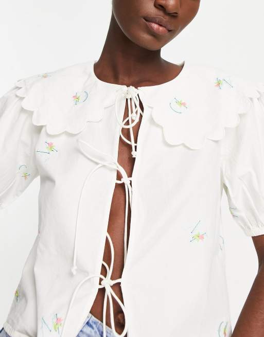 Damson Madder tie-detail embroidered scallop blouse in white | ASOS
