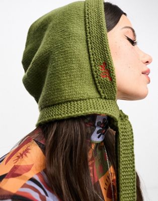 Damson Madder tie front knitted hood with embroidery in khaki