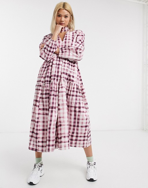 Damson Madder tiered organic cotton maxi dress in check with bow neck tie