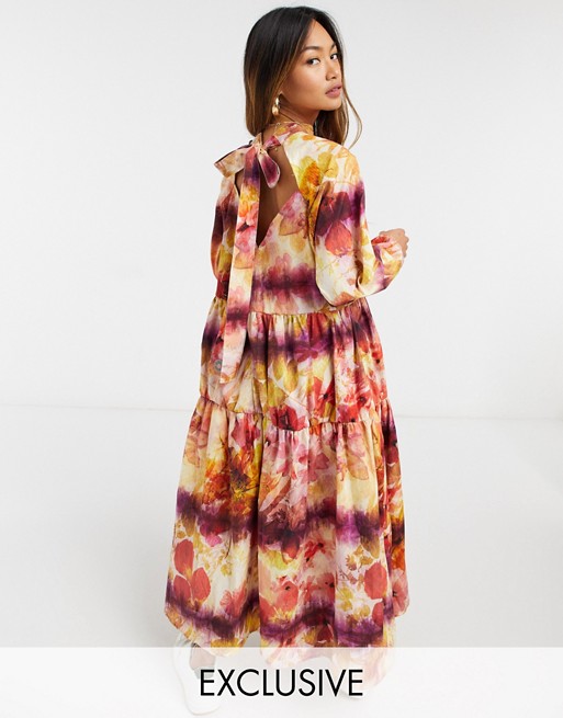 Damson Madder tiered organic cotton maxi dress in floral with bow neck tie