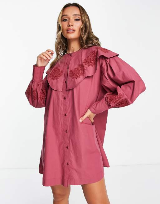 Damson Madder - Vestito corto in cotone color mora con colletto in pizzo
