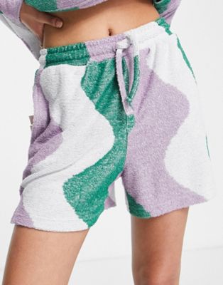 Damson Madder wave print towelling co-ord shorts in green