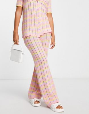 Damson Madder wide leg crochet trousers co-ord in pink zigzag