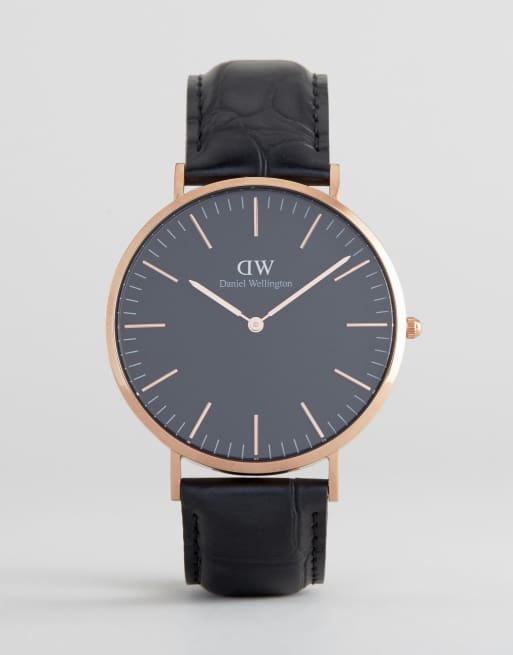 Daniel Wellington Classic Black Reading Leather Watch With Rose