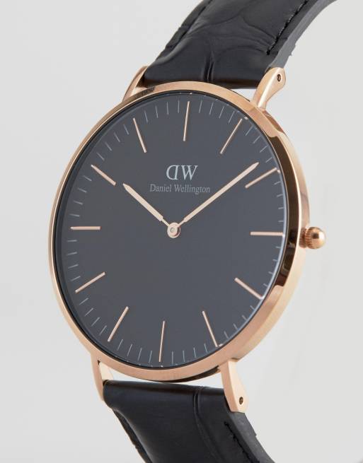 Daniel Wellington Classic Black Reading Leather Watch With Rose Gold Dial  40mm