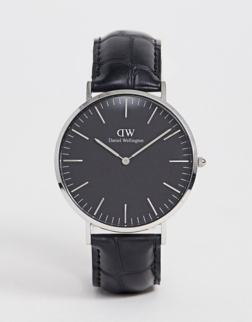 Daniel Wellington classic black Reading leather watch with silver dial 40mm