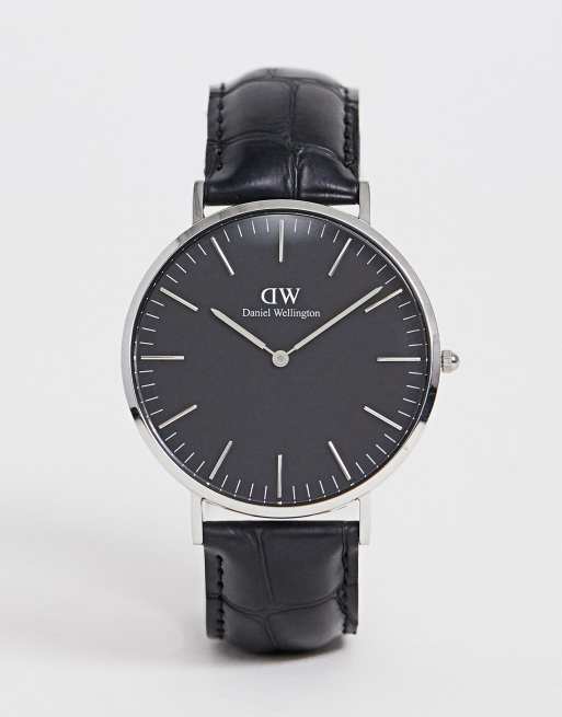 martelen temperen Logisch Daniel Wellington classic black Reading leather watch with silver dial 40mm  | ASOS