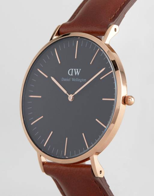 Daniel Wellington Classic Black St Mawes Leather Watch With Rose Gold Dial 40mm