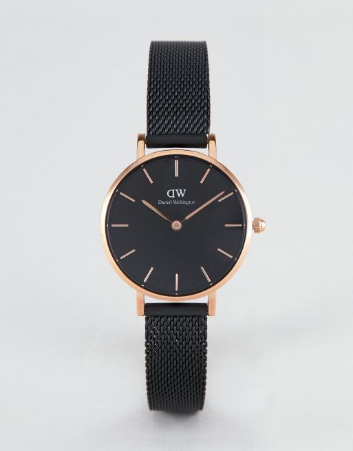 Daniel Wellington Petite Ashfield Leather Watch in Black & Rose Gold 28mm