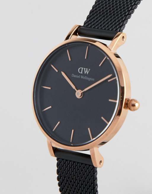 Daniel Wellington Petite Ashfield Leather Watch in Black & Rose Gold 28mm