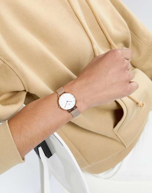 Daniel Wellington Petite Melrose Montre en tulle 28 mm avec cadran blanc Or rose