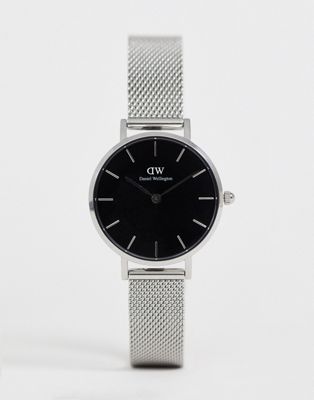 Daniel Wellington - Petite - Zilveren horloge met wijzerplaat van sterling zwart en mesh bandje 28 mm