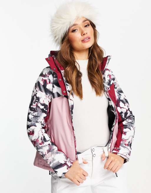 Dare 2b determined ski jacket in powder pink tempest print and beetroot