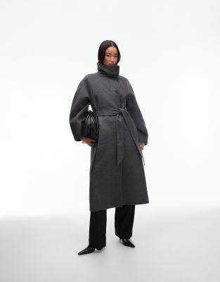 dark & Other Stories belted wool blend maxi coat with high funnel and sculptural sleeves in gray