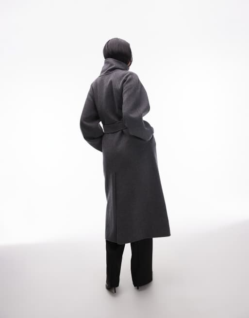 dark& Other Stories belted wool blend maxi coat with high funnel and sculptural sleeves in gray, 3 of 4