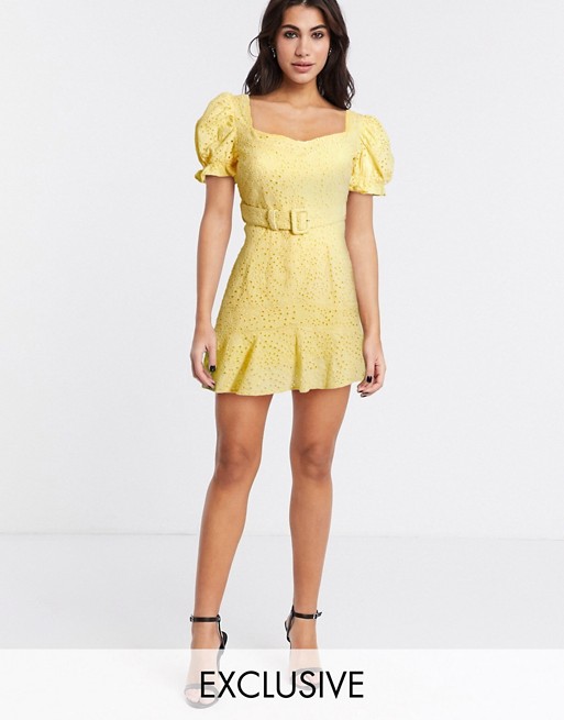 Dark Pink belted sweetheart broderie mini dress with frill hem in soft yellow