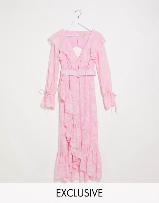Dark Pink belted wrap maxi dress in rose pink burnout floral