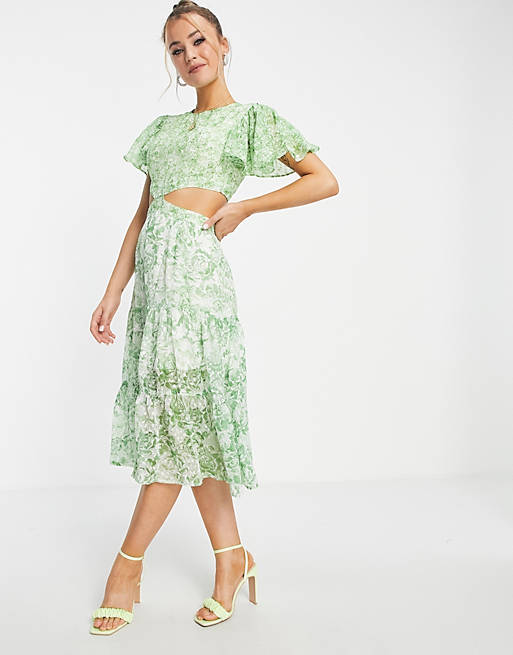 Dark Pink cut out waist midaxi dress in overscaled green rose print
