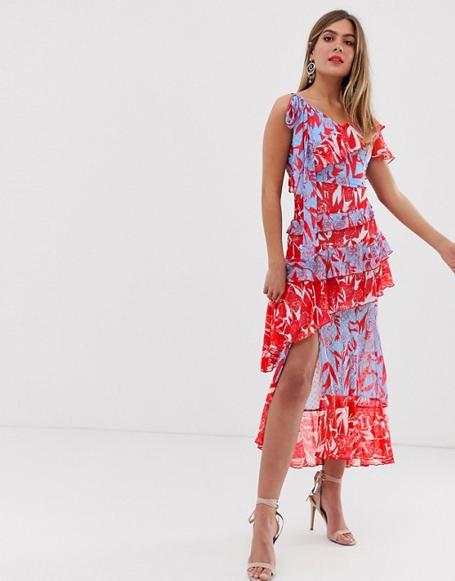 Dark Pink deconstructed midi tea dress in red and blue floral