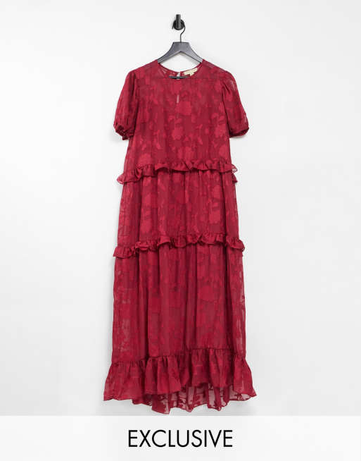 Dark Pink – Gesmoktes, strukturiertes Midikleid mit Rüschen in Rot geblümt