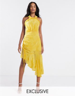 yellow ruched midi dress