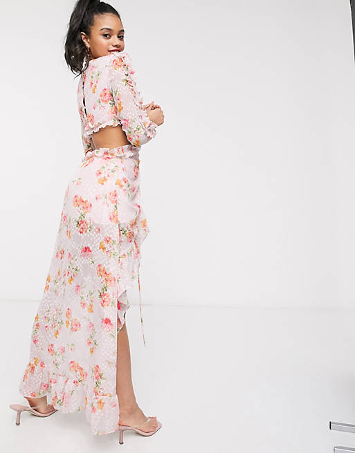 Dresses Dark Pink high low maxi dress with cut out back in blush print 