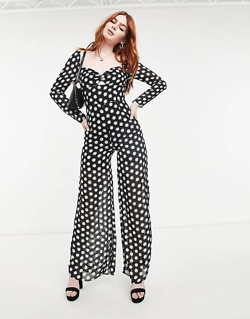  Dark Pink long sleeve jumpsuit in black and white spot print 