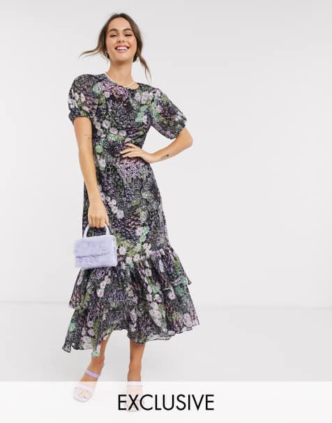 Dark Pink – Maxi-Freizeitkleid mit Rüschensaum, Patchworkdesign und Ditsey-Blumenmuster