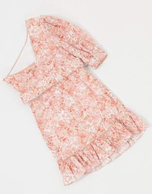 Dark Pink One Shoulder Belted Mini Dress With Frill Hem In Peach Nectar Print Asos