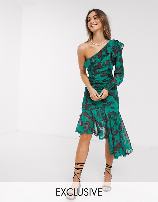 Dark Pink one shoulder midi dress with ruched side in teal burn out floral