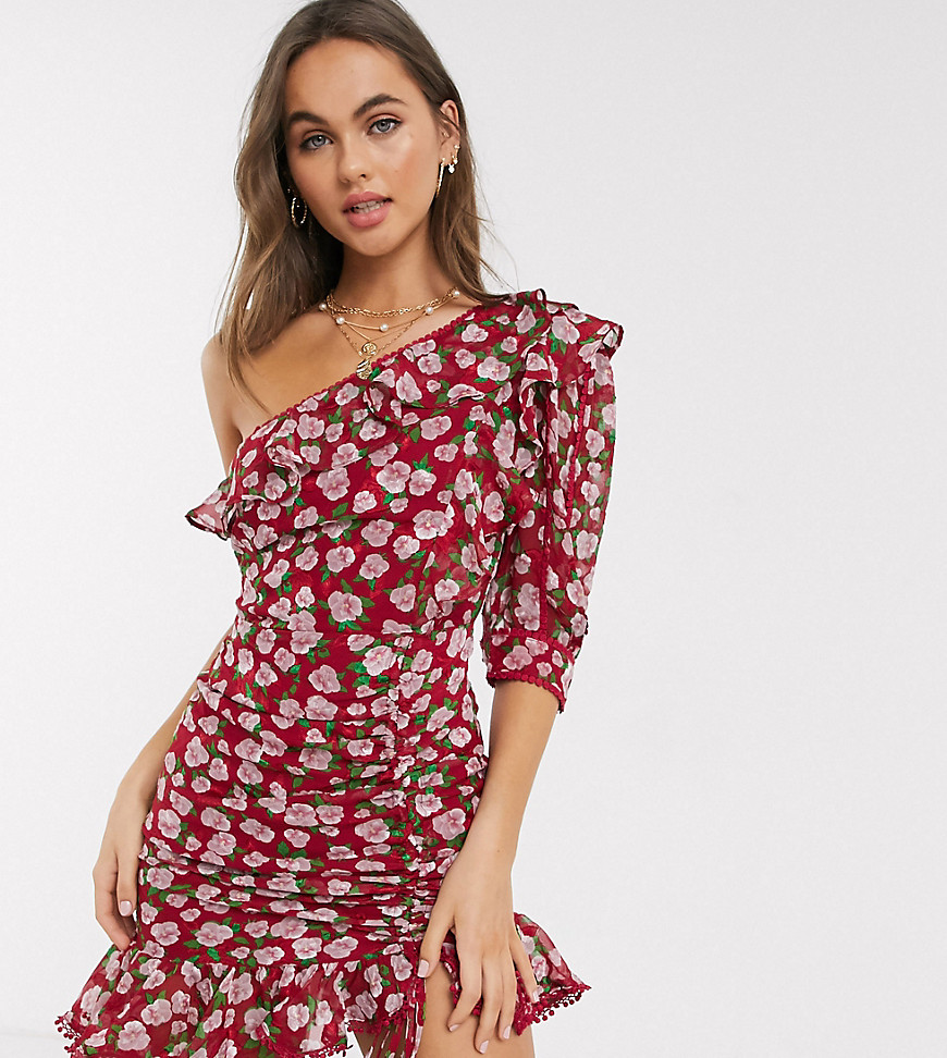 Dark Pink one shoulder ruched side mini dress in red ditsy floral-Multi