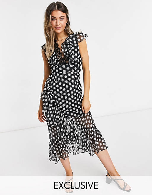 Dark Pink plunge front frill midi dress in black and white spot print