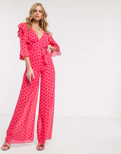 Dark Pink Plunge Front Jumpsuit In Red And Pink Polka Dot Asos