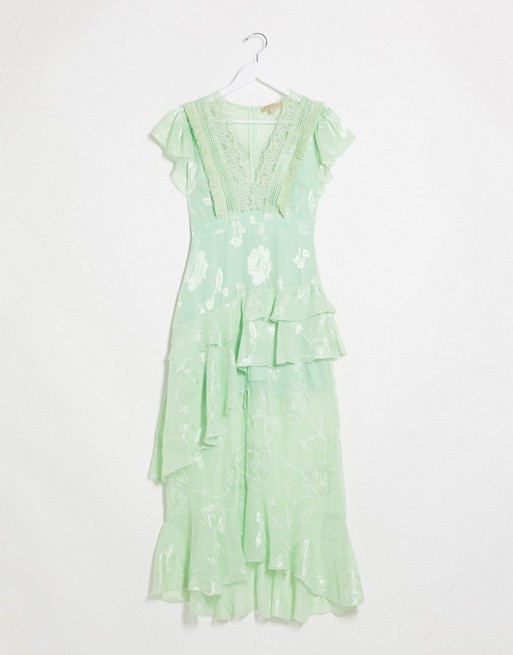 Dark Pink plunge front maxi dress with lace detail and short sleeve in mint green