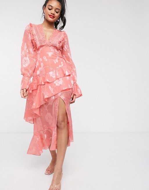 Dark Pink plunge front midi dress with frill detail in apricot