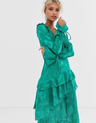 green ruffle midi dress