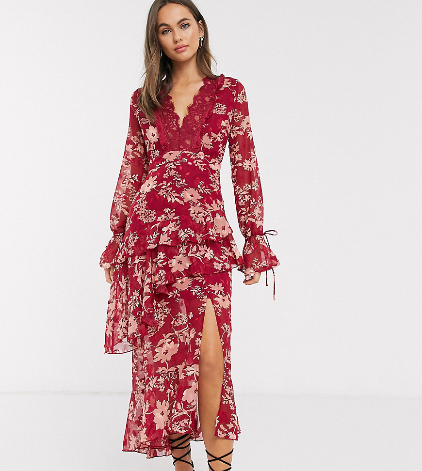 Dark Pink plunge ruffle maxi dress with lace insert in red jacquard floral