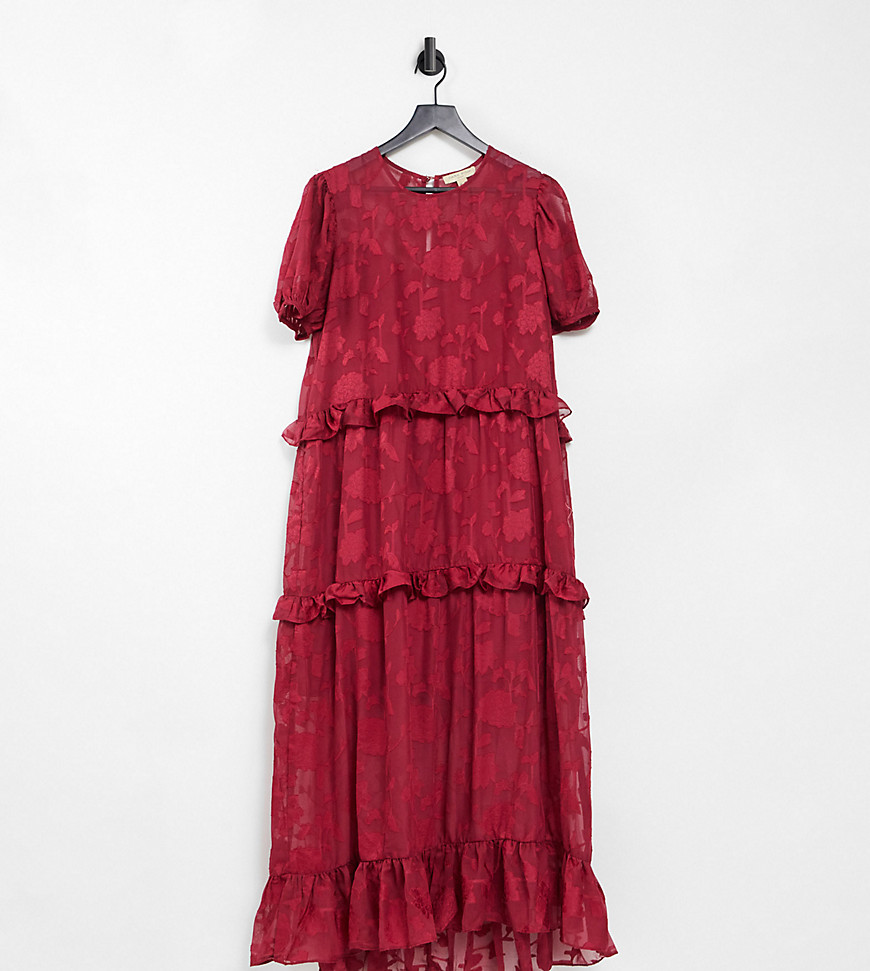 Dark Pink Plus smock midi dress with puff sleeves and frill details in burgundy red