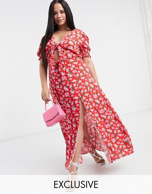 Dark Pink Plus thigh split maxi dress with puff sleeve in red rose print