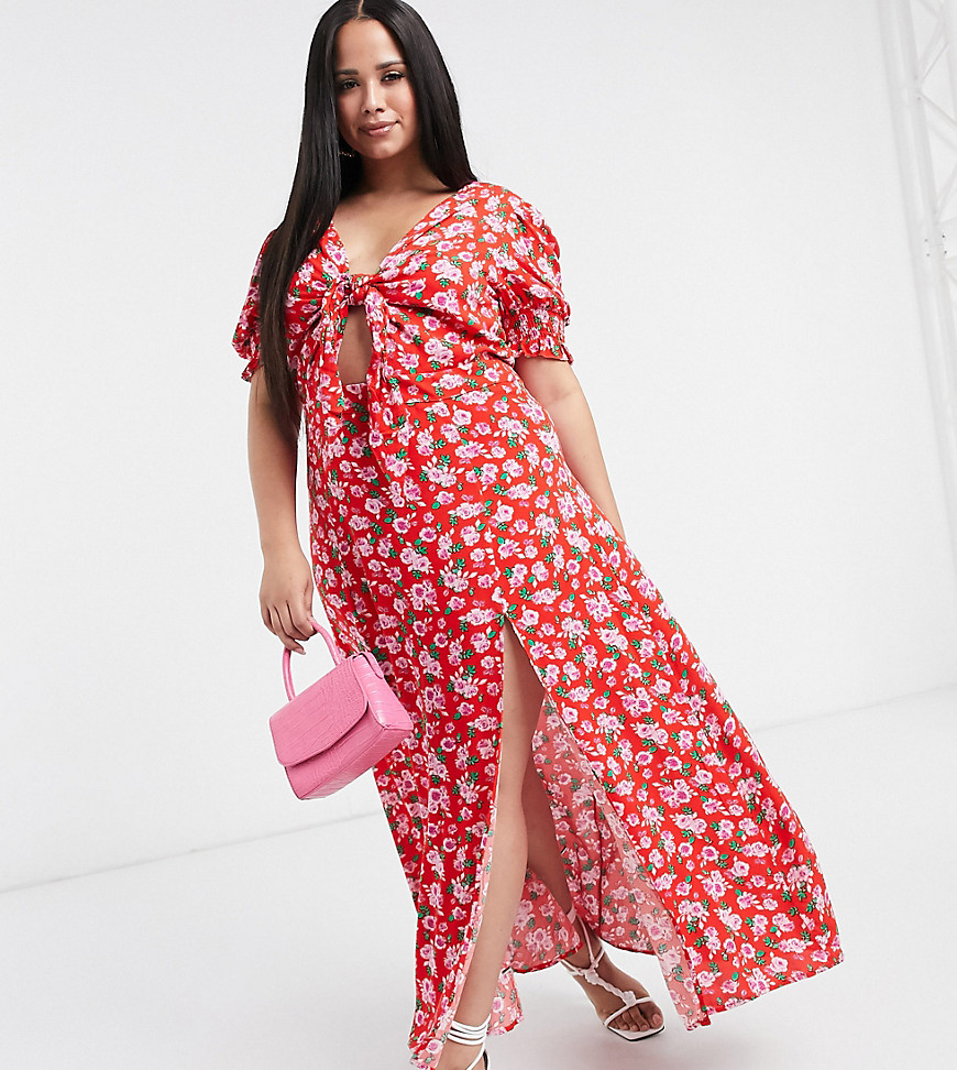 Dark Pink Plus thigh split maxi dress with puff sleeve in red rose print-Multi