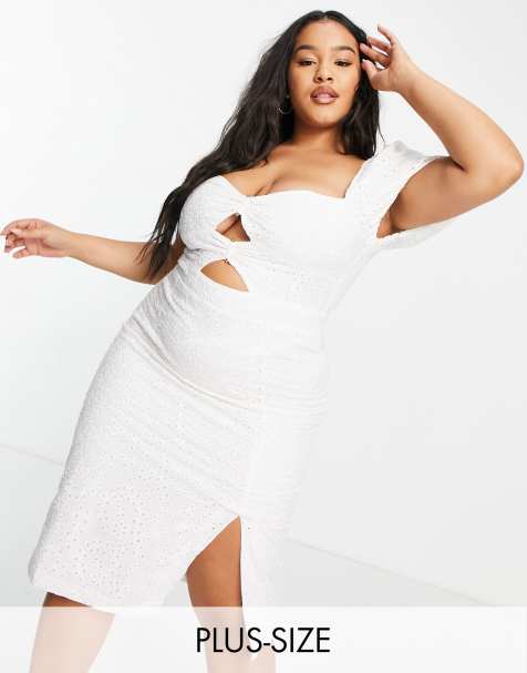 Dark Pink Plus twist front broderie split midi dress in white - view 1