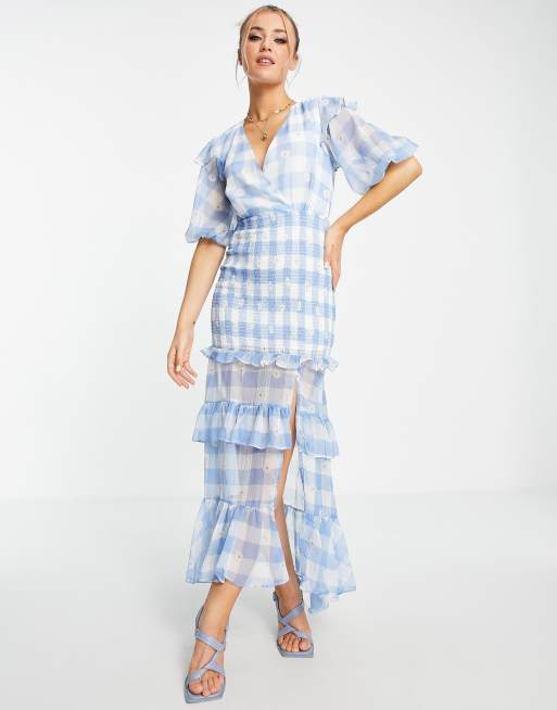 Dark Pink puff sleeve shirred tea dress in blue daisy print gingham, 2 of 4