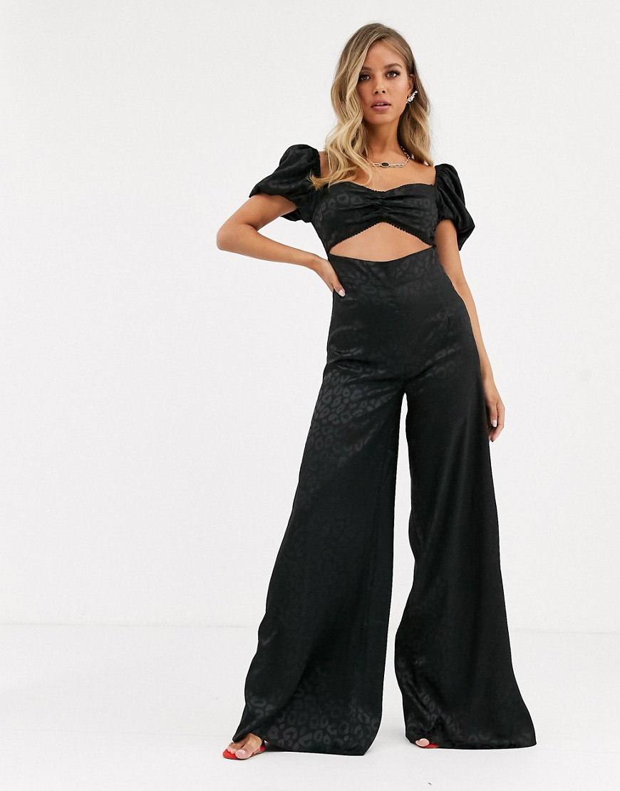Dark Pink satin wide leg jumpsuit with cut out detail in black